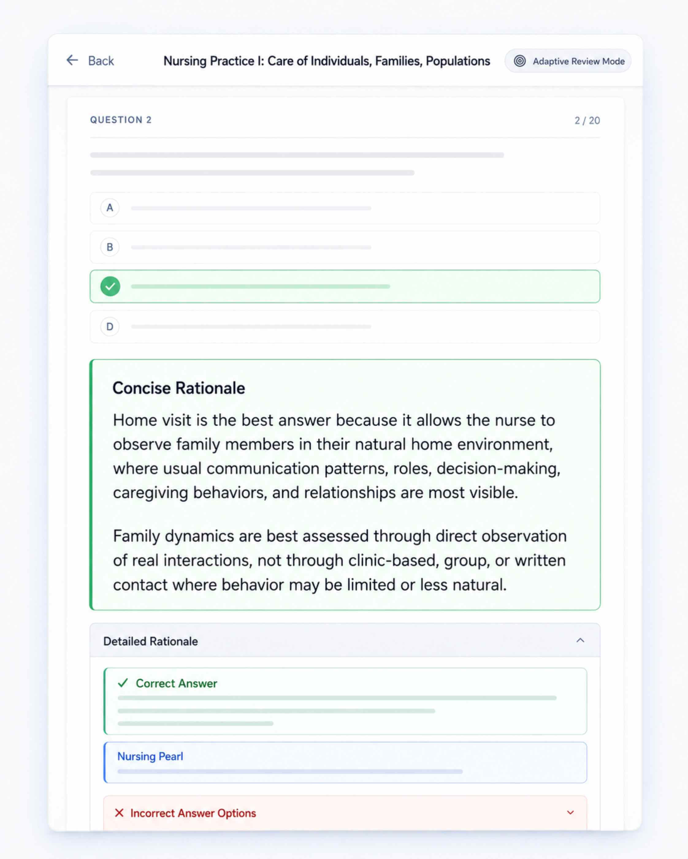Adaptive Review Mode showing instant answer feedback and nursing rationales