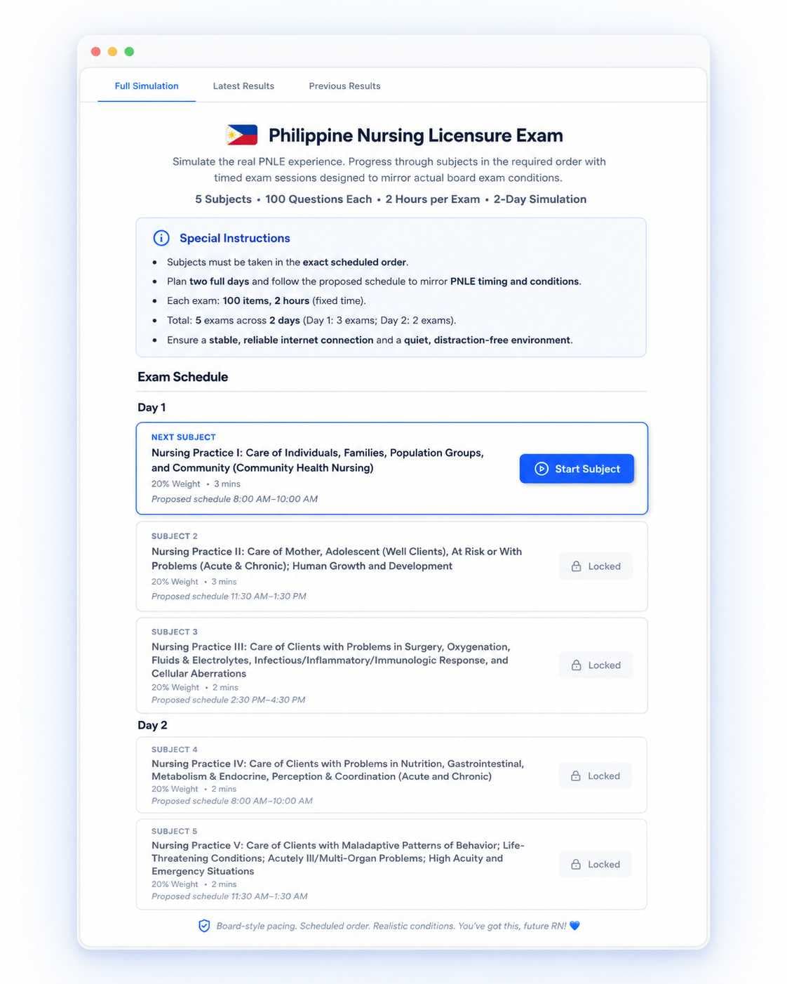 Full Simulation Mode dashboard showing the PNLE exam schedule and subject progression