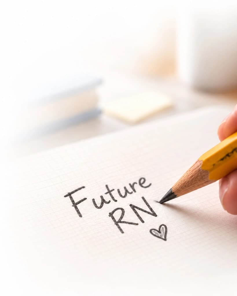 Notebook with handwritten 'Future RN' and pencil, preparing for the Philippine Nursing Licensure Examination