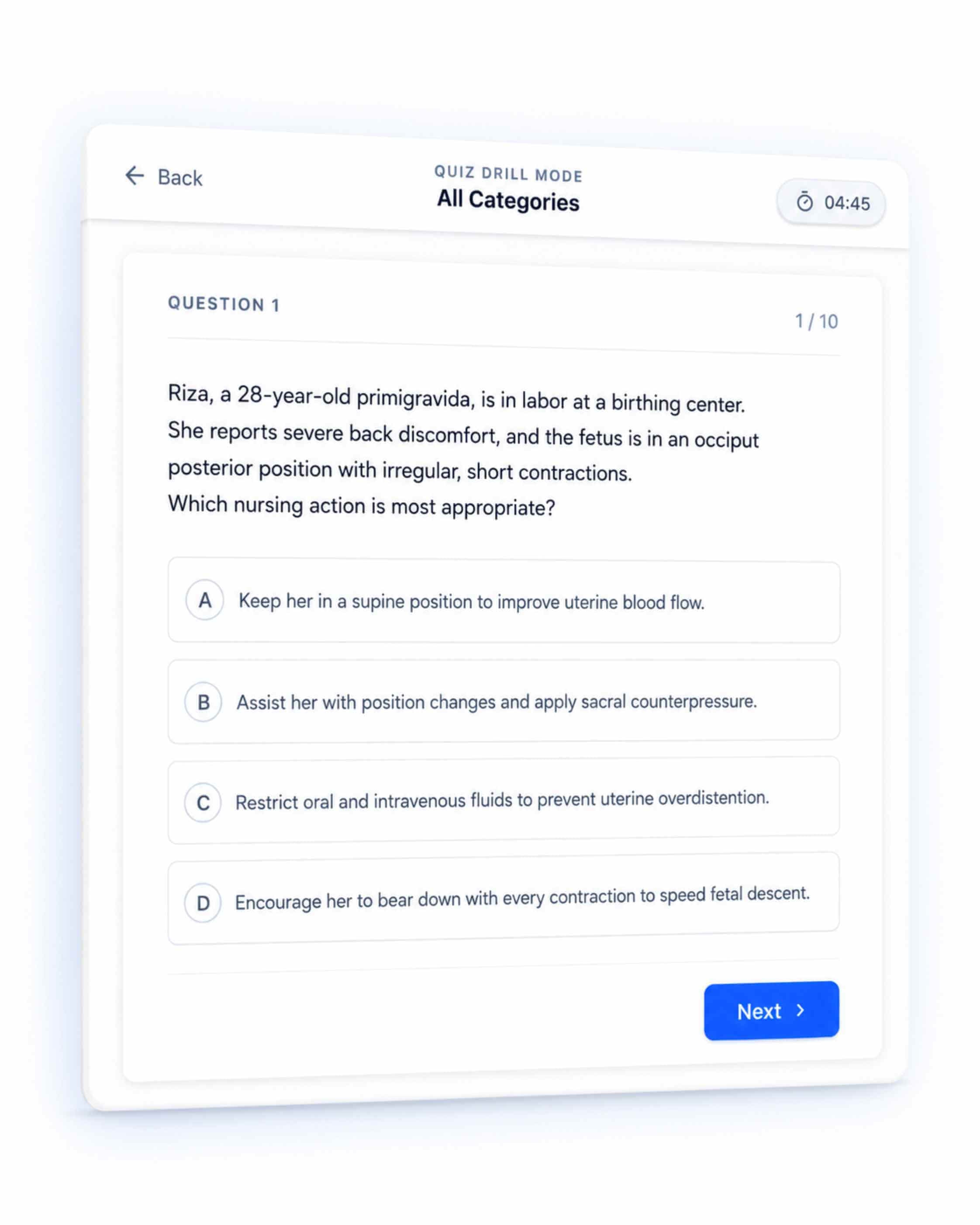 Quiz Drill Mode showing timed nursing practice questions and end-of-session review
