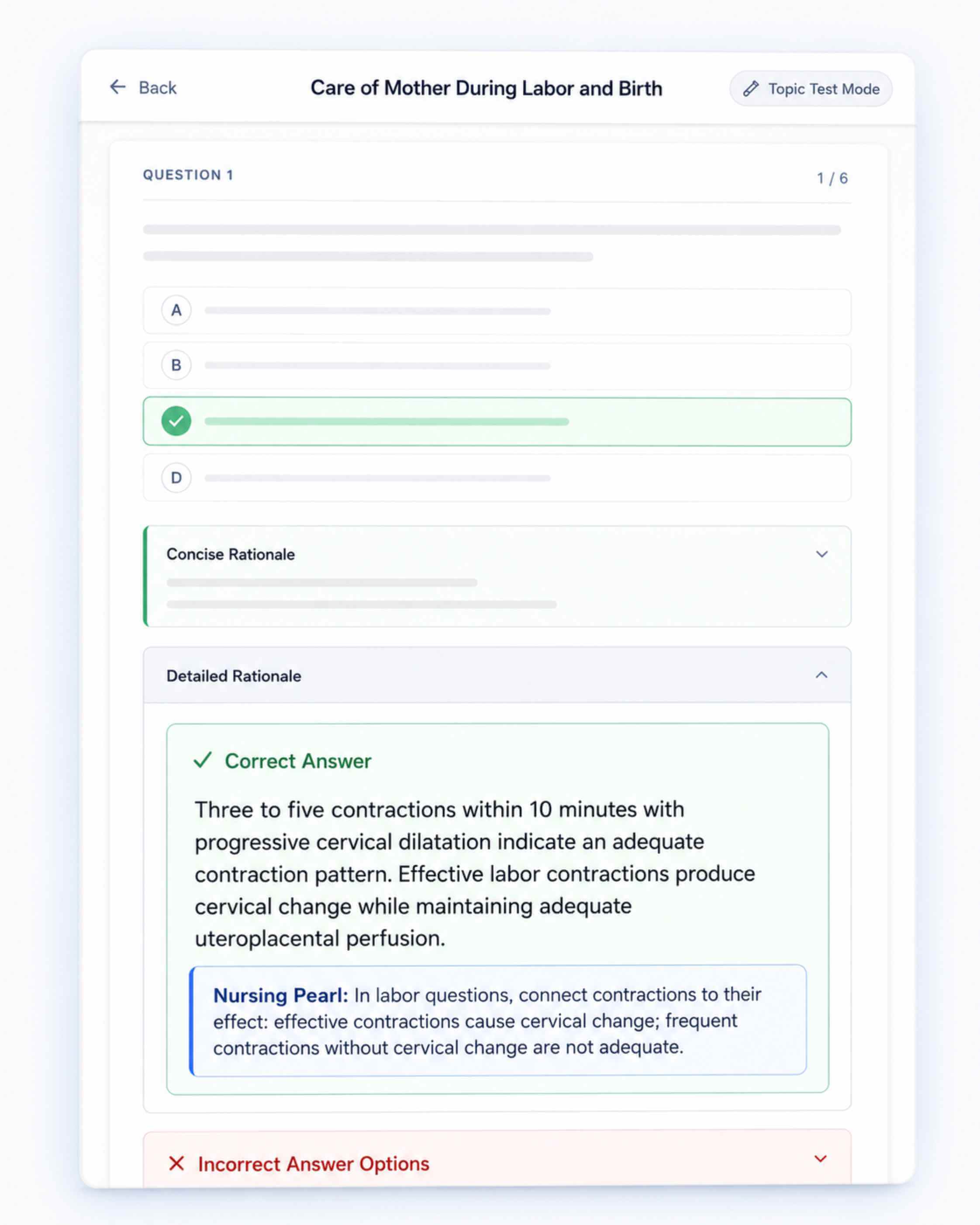 Study Mode showing topic-based nursing review content and focused practice